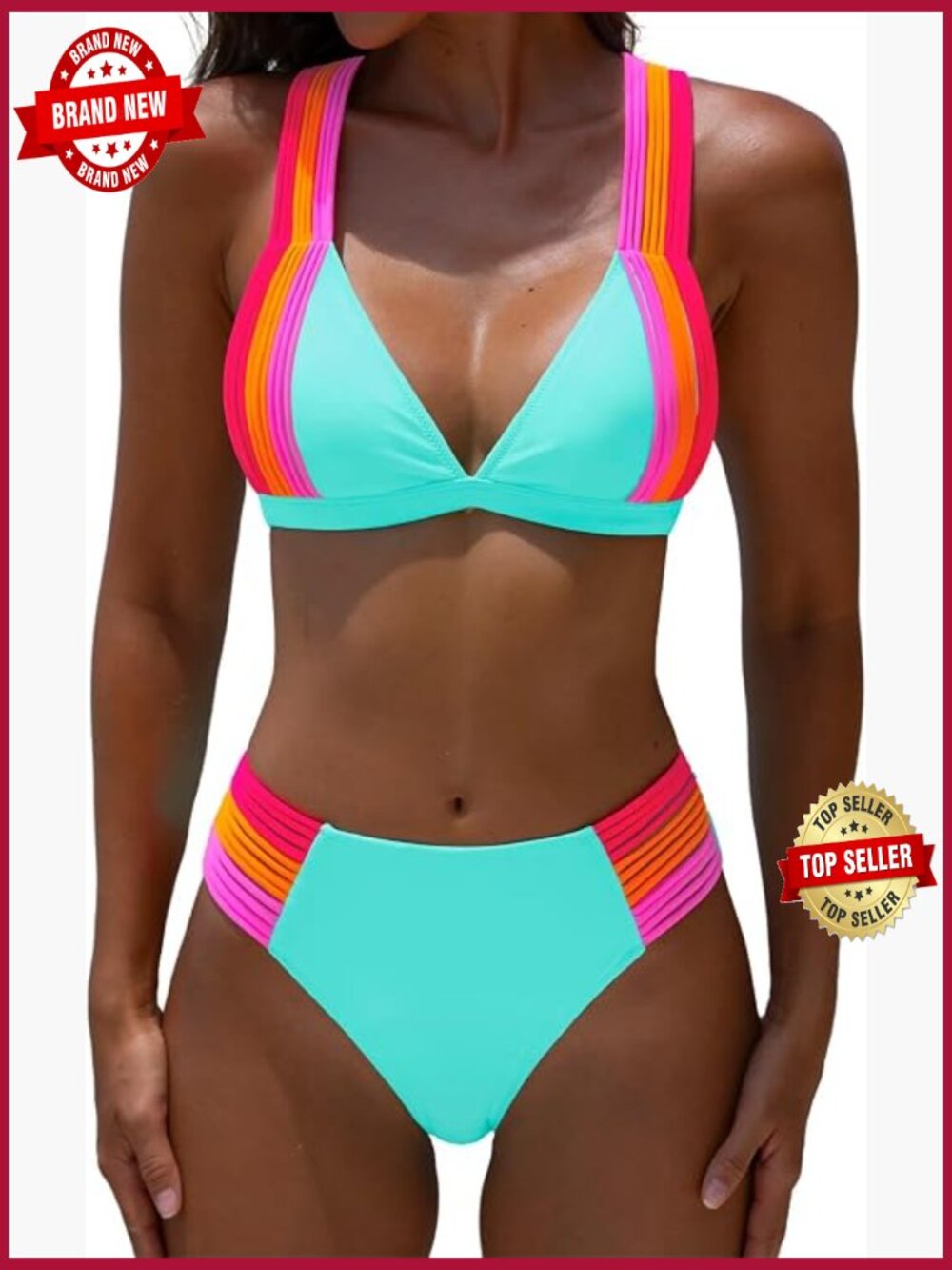 High Waisted Bikini Set Two Piece Color Block Triangle Criss Cross Tie Back
